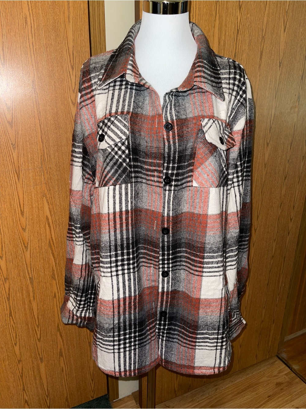 Plaid Button-Down Flannel in Rust, Black & White